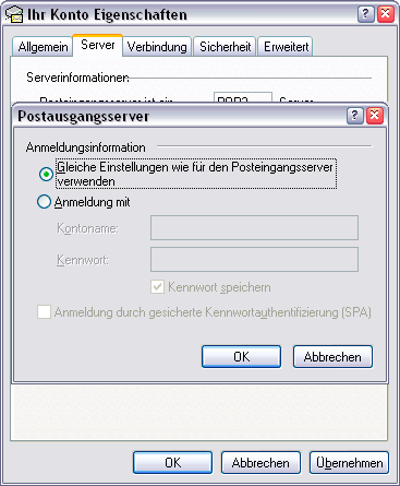 Kontoeigenschaften: Postausgangsserver