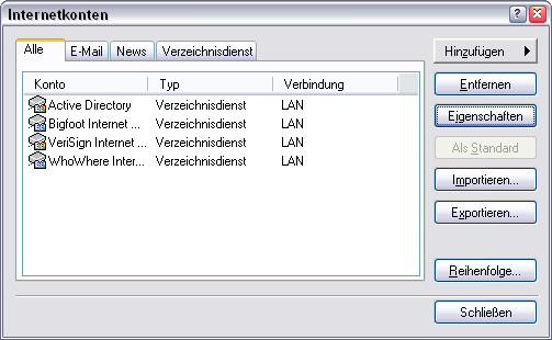 Dialogfeld Internetkonten: Alle